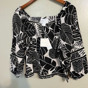 Cynthia Rowley Black and White Leaf Print Women's Crop Top Puff Sleeves M NWT